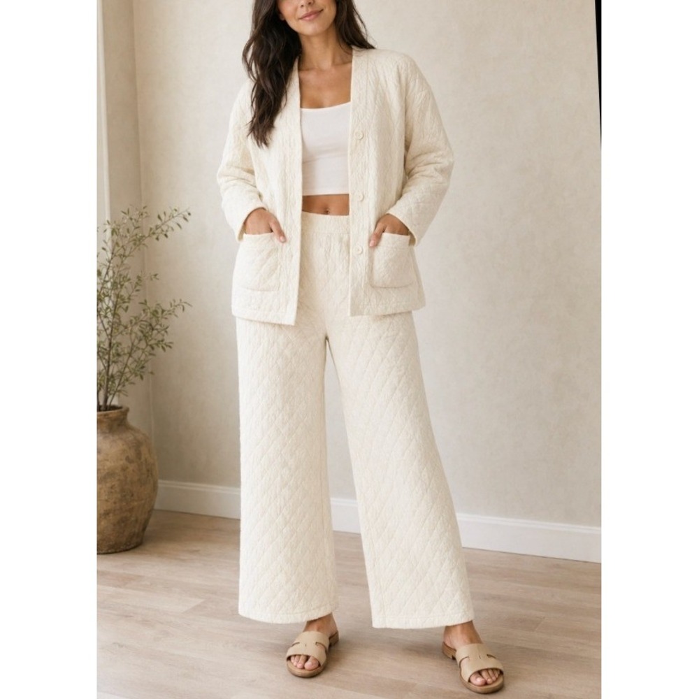 Zenana Quilted Pajama‎ Set Women Large Cream Loungewear Casual Com